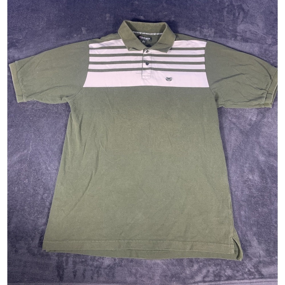 Y2K Ecko Unltd Striped Green And White Polo Short Sleeve Shirt Sz XL Men's